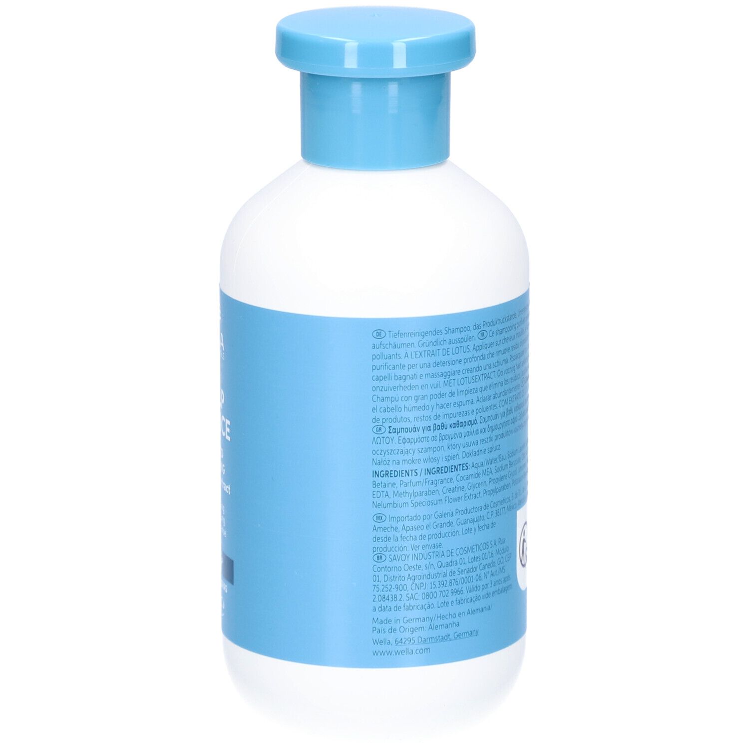Rückseite der weißen Flasche mit blauem Etikett. Textinformationen, Inhaltsstoffe. INVIGO SCALP BALANCE Shampoo.