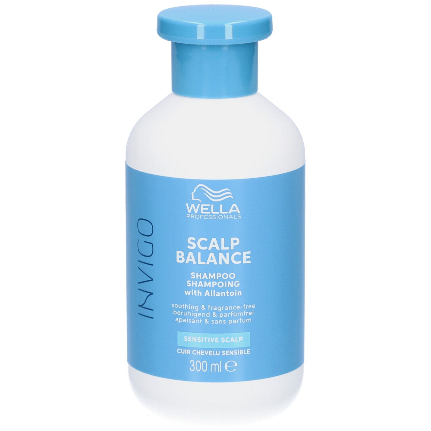 Weiße Flasche mit blauem Deckel. Aufkleber mit Produktinformationen: Wella Professionals Invigo Scalp Balance Shampooing.