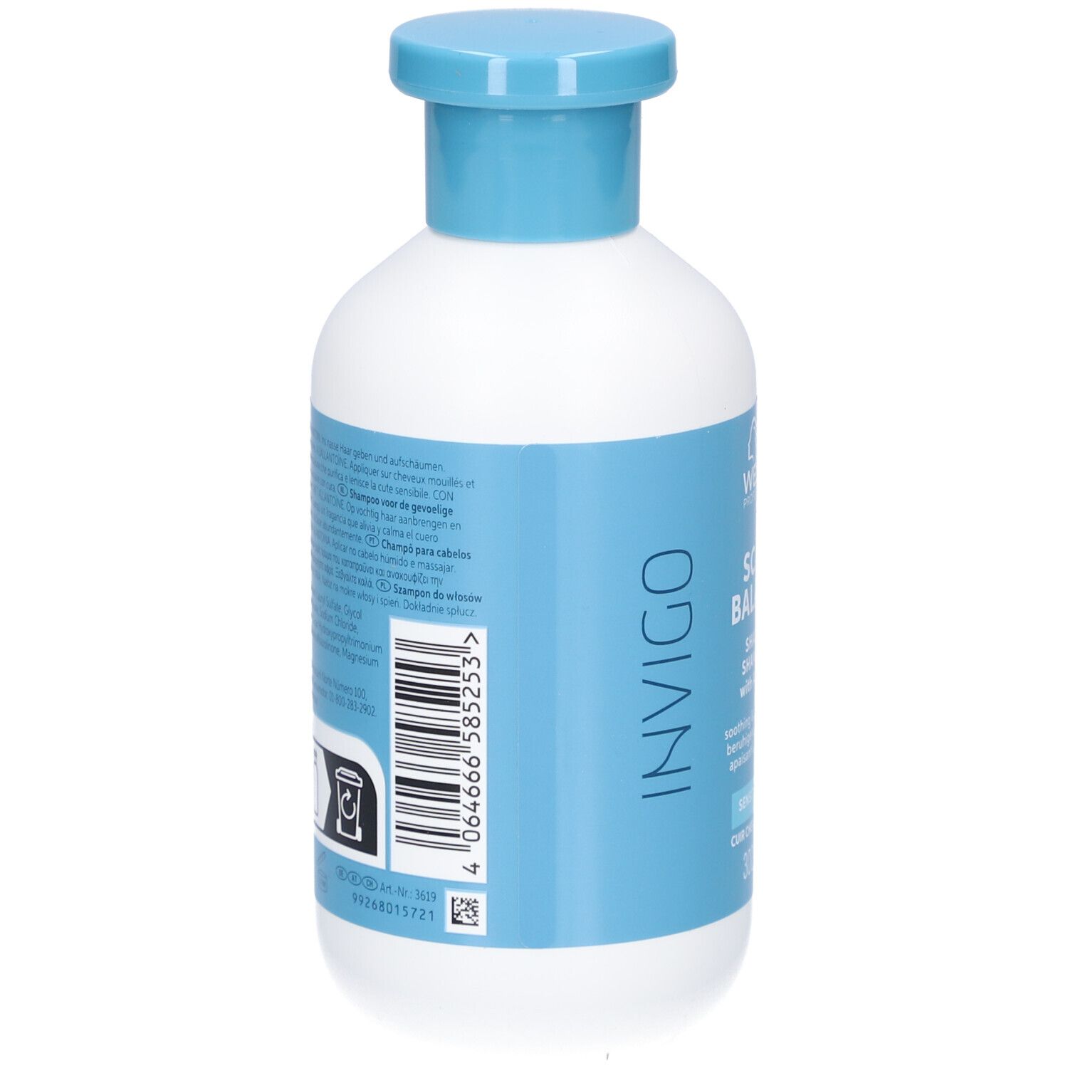 Rückseite der weißen Flasche mit blauem Deckel. Produktinformationen und Barcode.