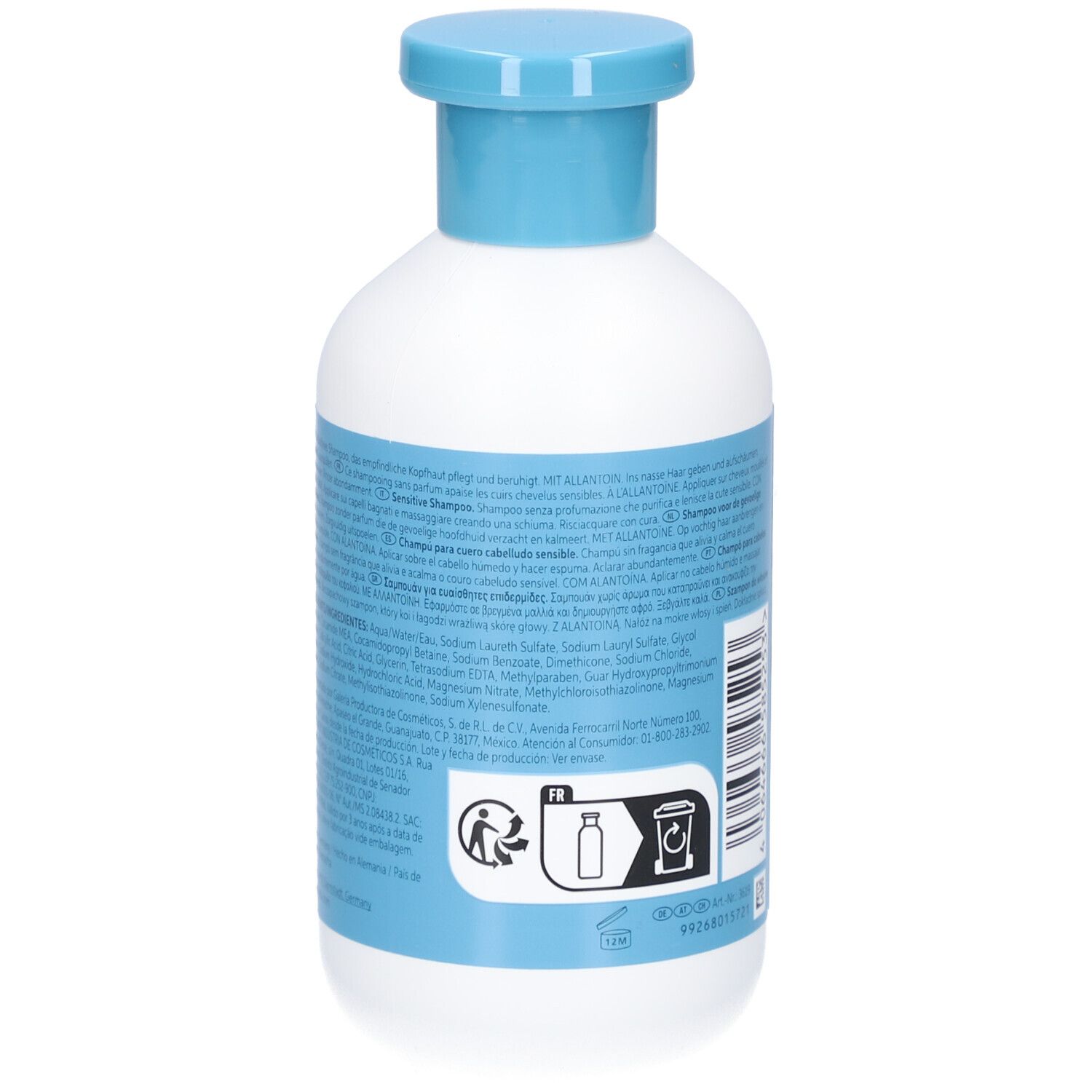 Rückseite der weißen Flasche mit blauem Deckel. Produktinformationen und Recycling-Symbol.