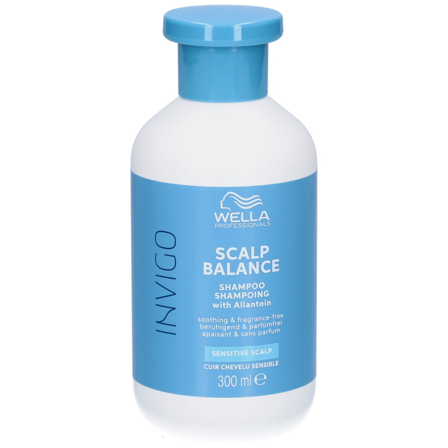 Weiße Flasche mit blauem Deckel. Aufkleber mit Produktinformationen: Wella Professionals Invigo Scalp Balance Shampooing.