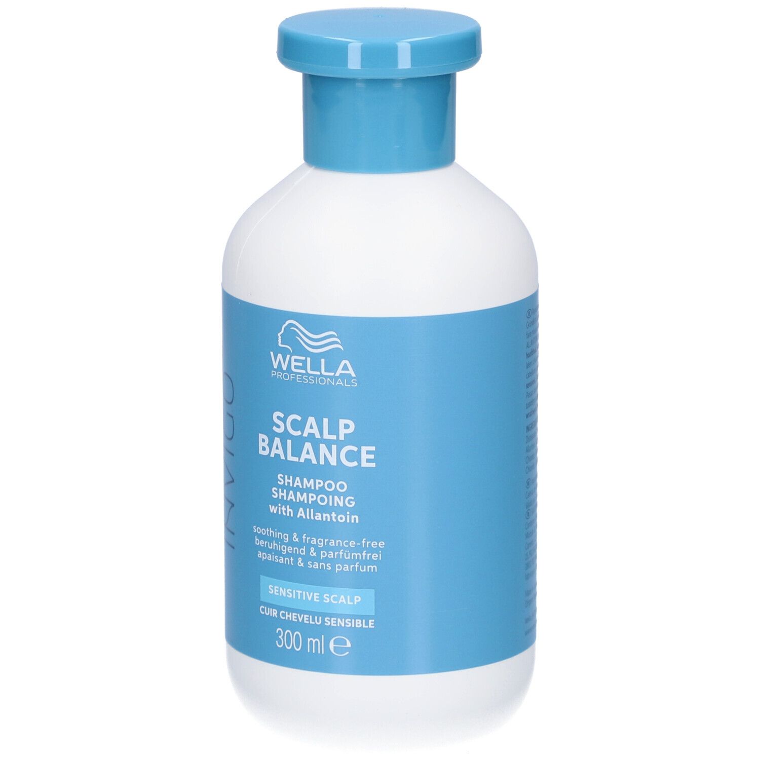Weiße Flasche mit blauem Deckel. Aufkleber mit Produktinformationen: Wella Professionals Invigo Scalp Balance Shampooing.