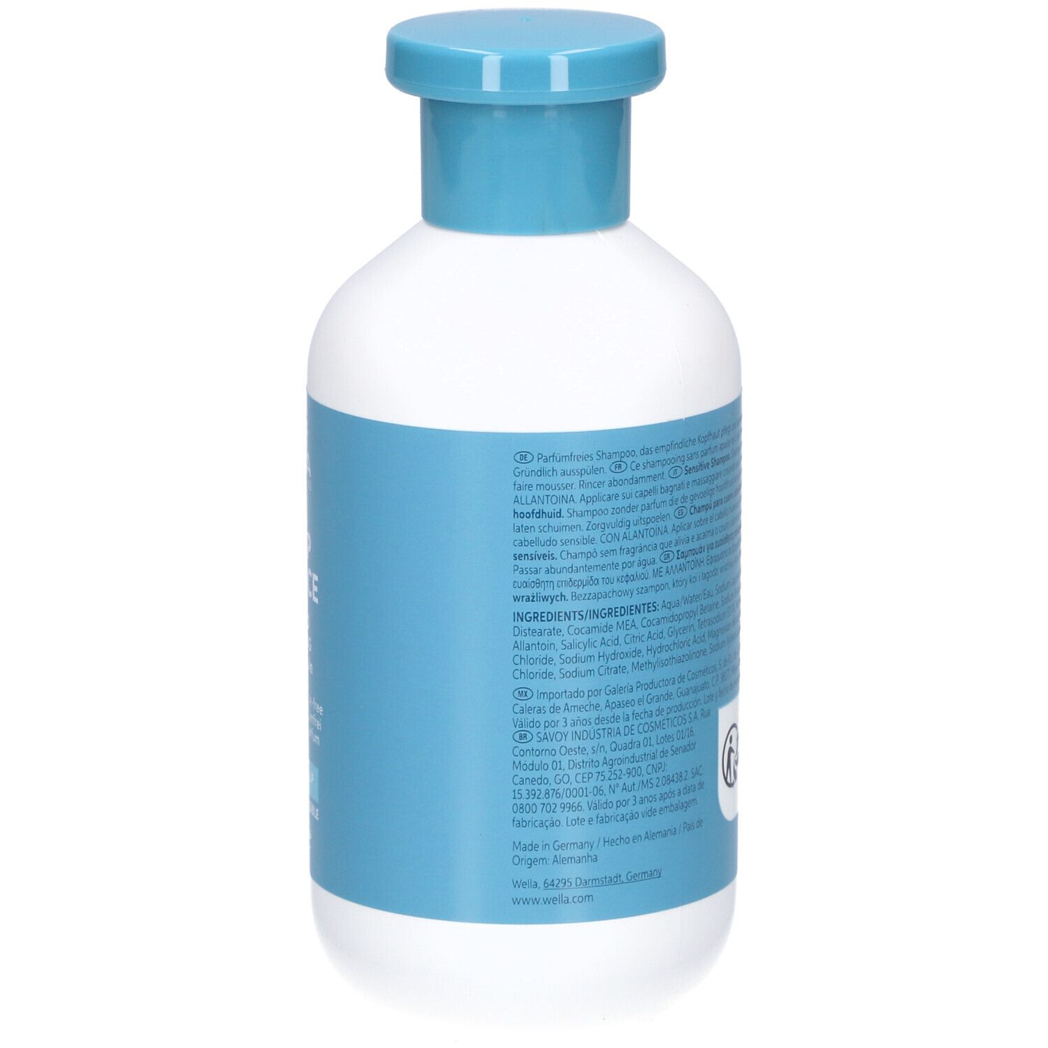 Rückseite der weißen Flasche mit blauem Deckel. Produktinformationen und Inhaltsstoffe.