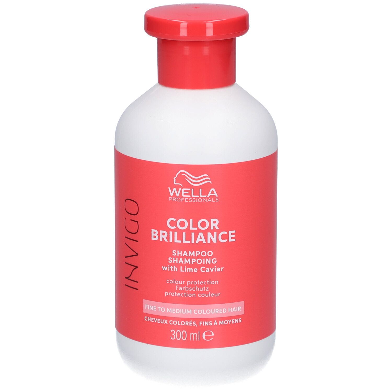Weiße Flasche mit rotem Deckel. Etikett mit Produktnamen und Marke: Wella Invigo Color Brilliance Shampoo. 300 ml.