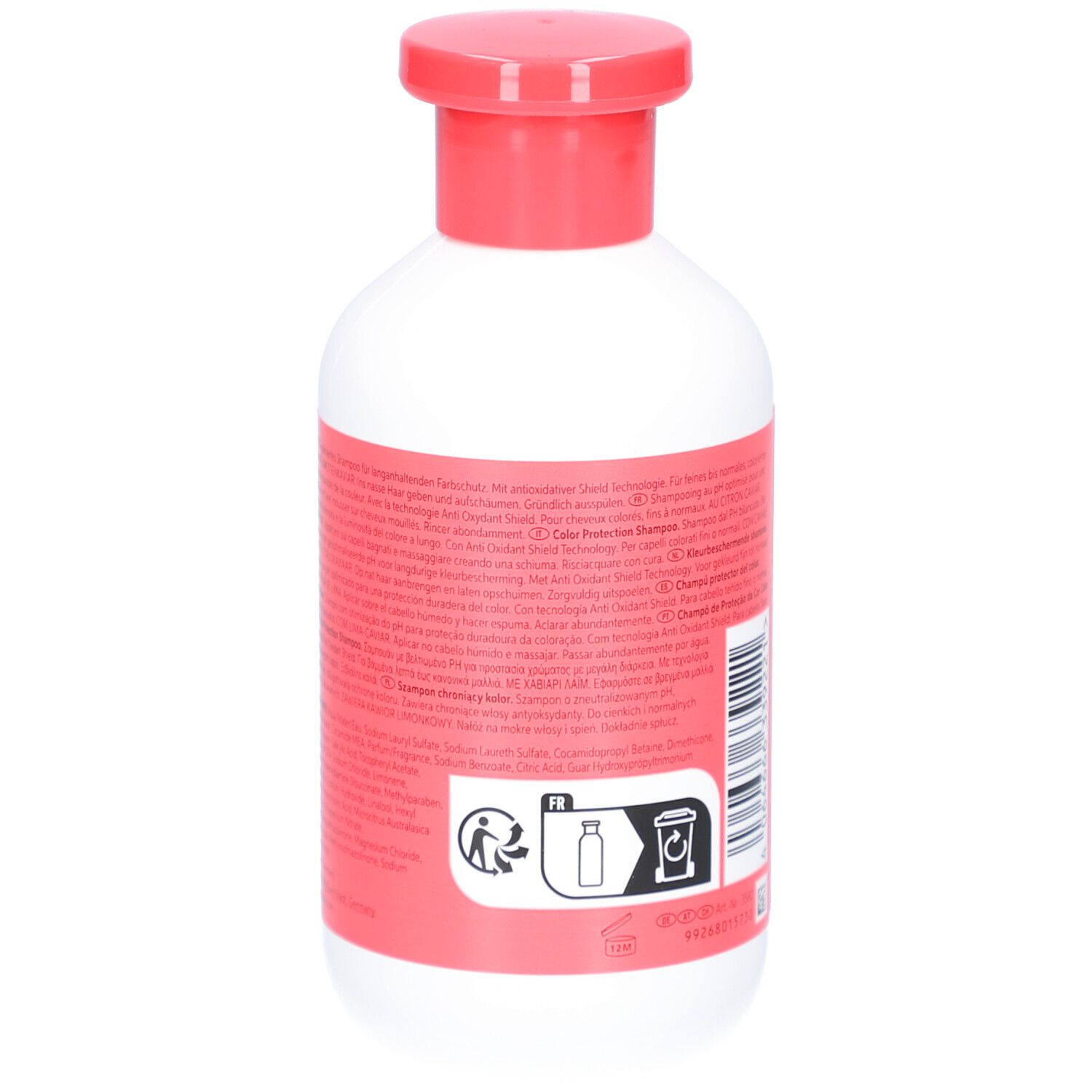 Rückseite der weißen Flasche mit rotem Deckel. Etikett mit Produktinformationen und Recycling-Symbolen.