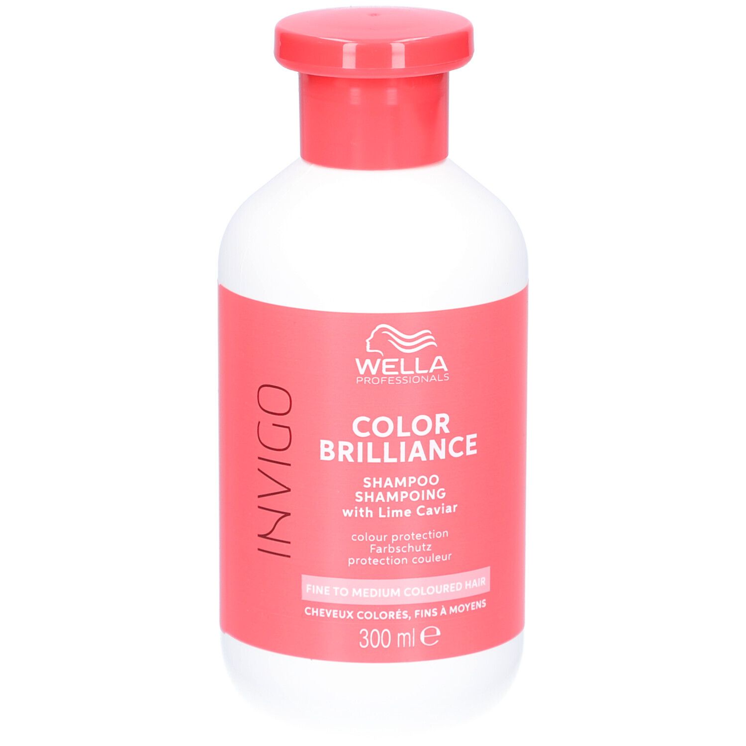 Weiße Flasche mit rotem Deckel. Etikett mit Produktnamen und Marke: Wella Invigo Color Brilliance Shampoo. 300 ml.