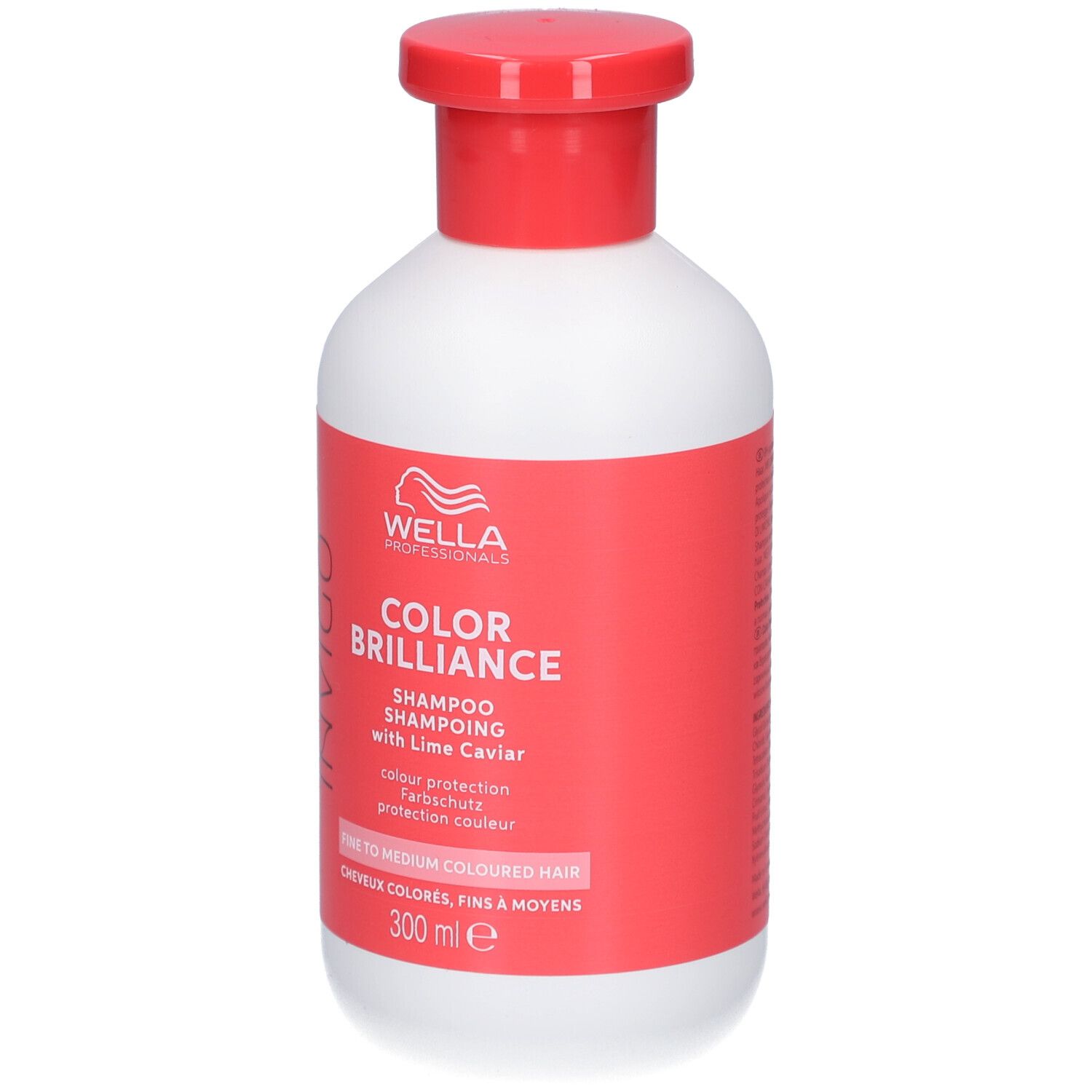 Weiße Flasche mit rotem Deckel. Etikett mit Produktnamen und Marke: Wella Invigo Color Brilliance Shampoo. 300 ml.