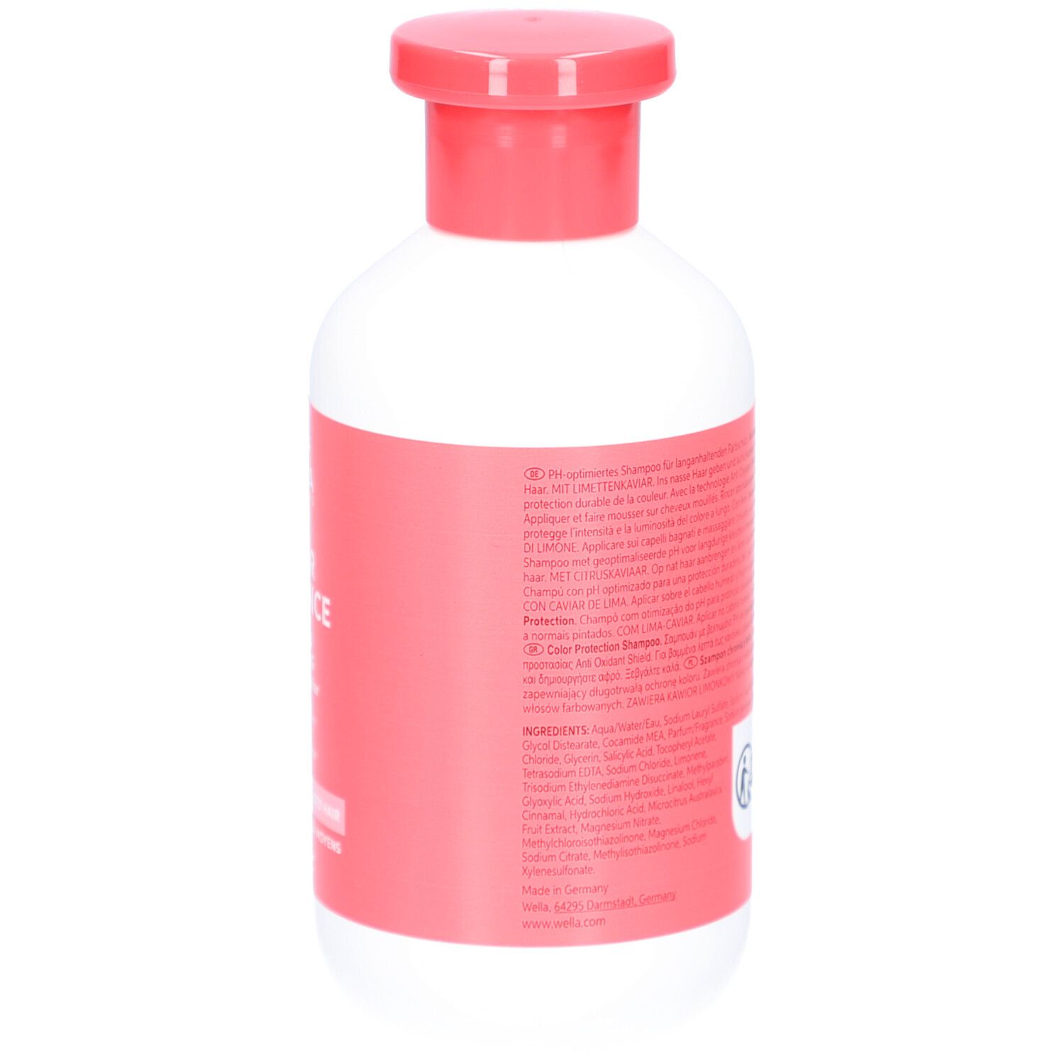 Rückseite der weißen Flasche mit rotem Deckel. Etikett mit Produktinformationen und Inhaltsstoffen.