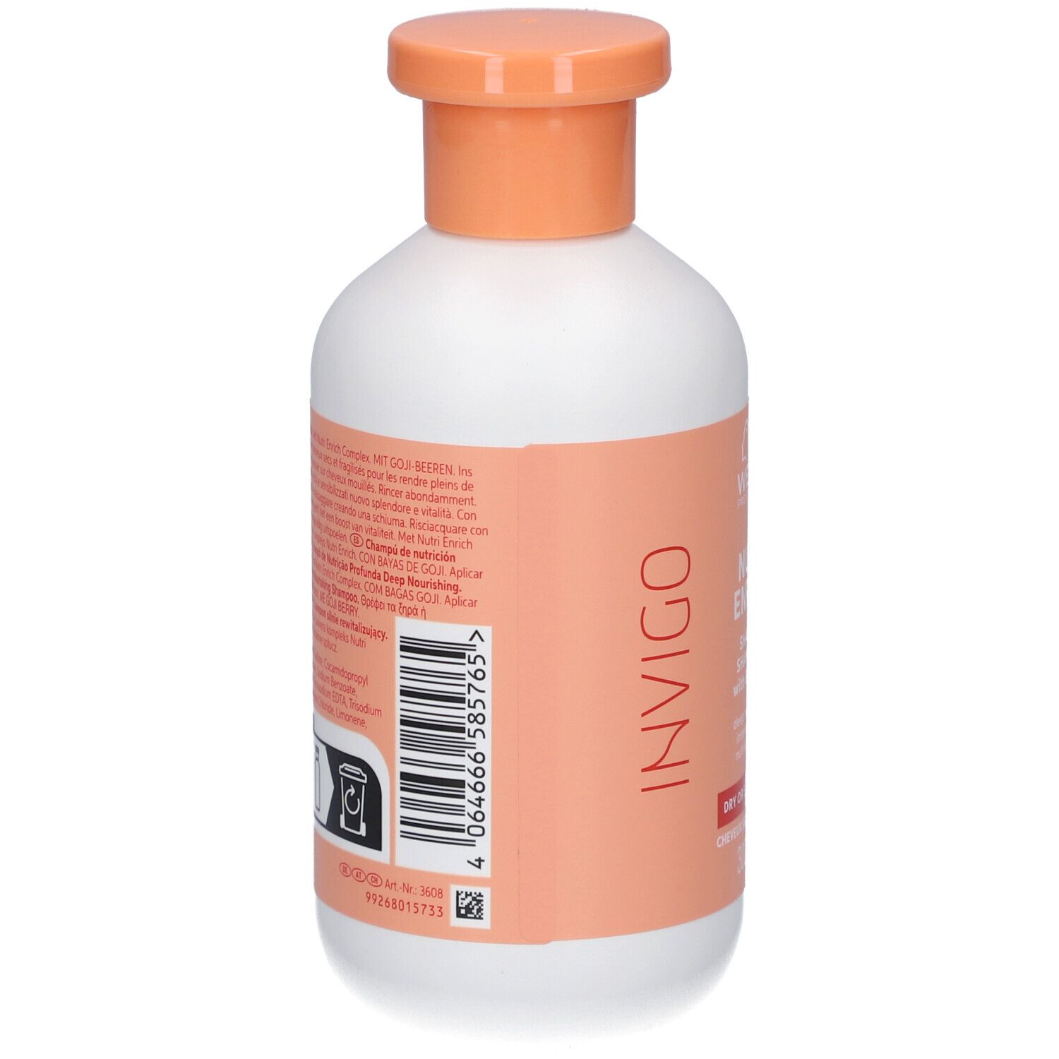 Rückseite der weißen Flasche mit orangefarbenem Deckel. Barcode und Text. Aufschrift: Invigo.