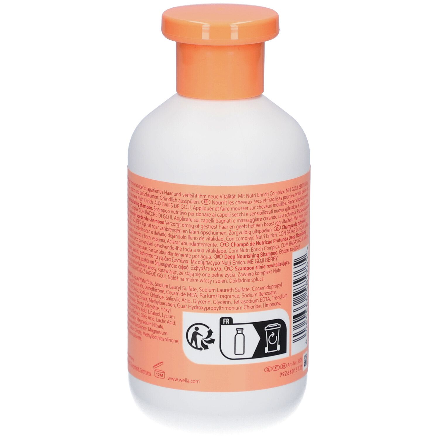 Rückseite der weißen Flasche mit orangefarbenem Deckel. Text und Recycling-Symbol. Aufschrift: Invigo.