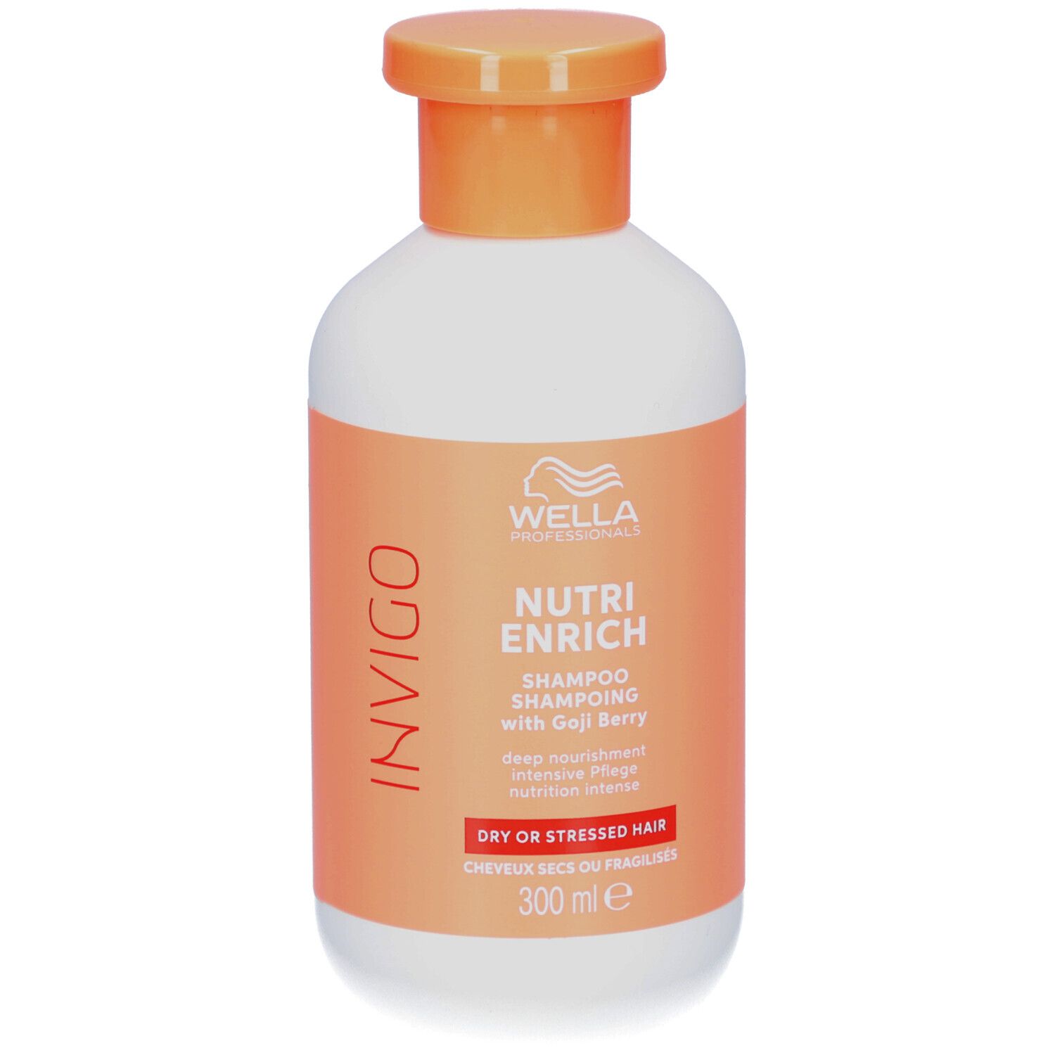 Weiße Flasche mit orangefarbenem Deckel. Aufschrift: Invigo, Nutri Enrich Shampoo mit Goji-Beere. Für trockenes oder strapaziertes Haar.
