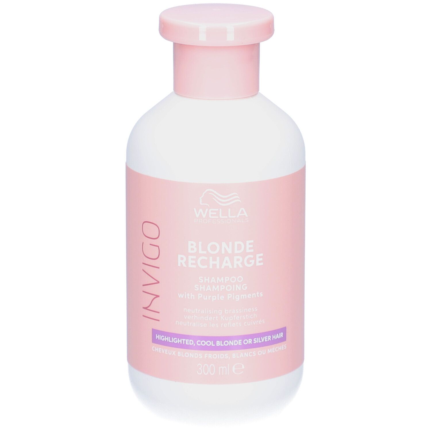 Weiße Flasche mit rosa Deckel. Aufschrift: Wella Invigo Blonde Recharge Shampoo. 300 ml.
