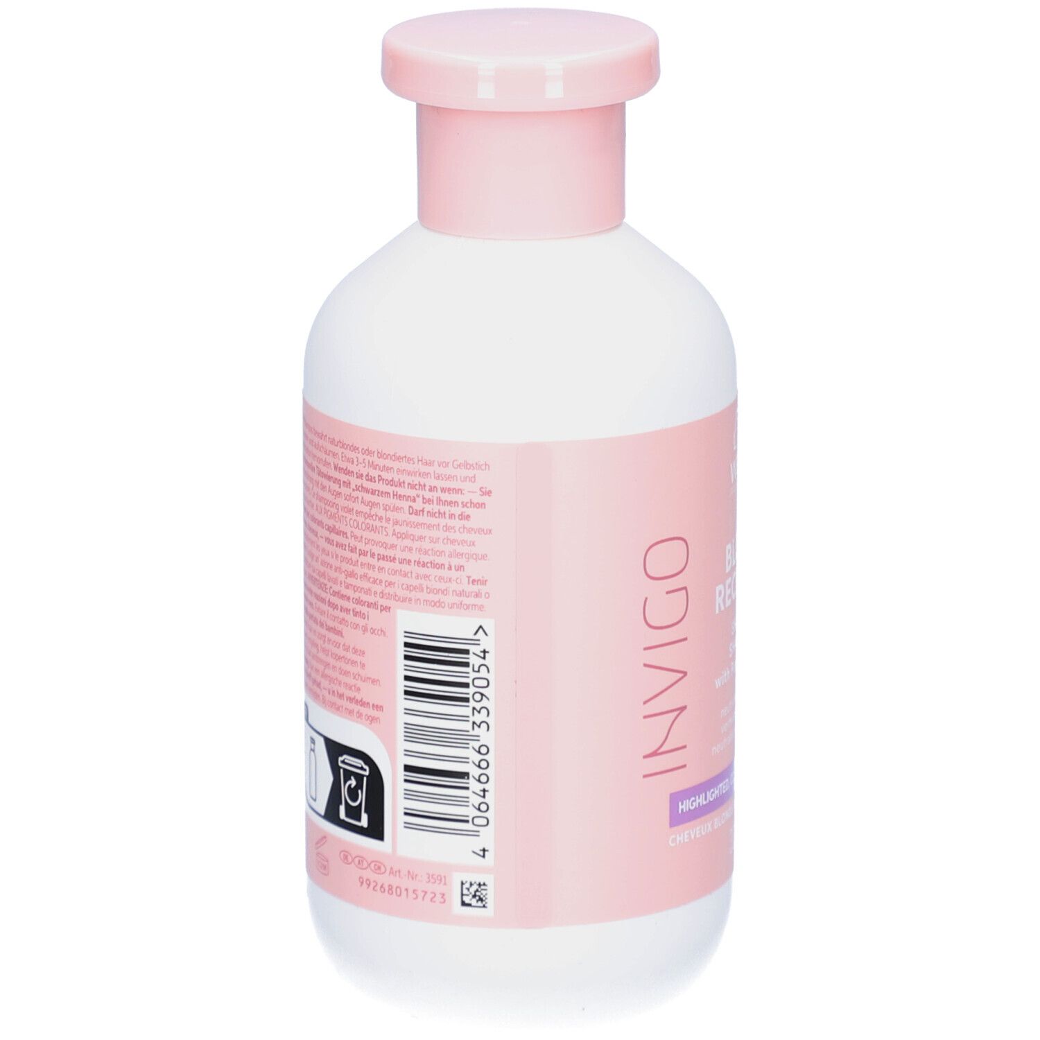 Rückseite der weißen Flasche mit rosa Deckel. Barcode und Text. Wella Invigo Blonde Recharge Shampoo.