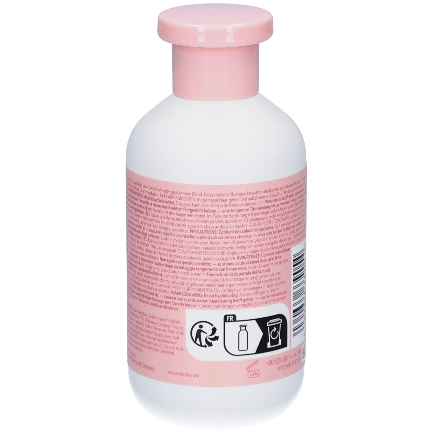 Rückseite der weißen Flasche mit rosa Deckel. Text. Wella Invigo Blonde Recharge Shampoo.