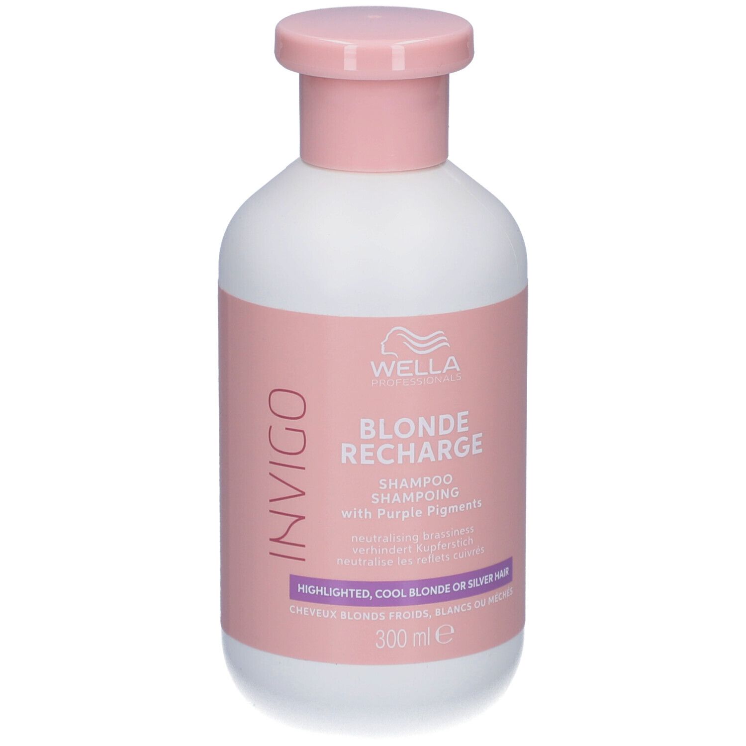 Weiße Flasche mit rosa Deckel. Aufschrift: Wella Invigo Blonde Recharge Shampoo. 300 ml.