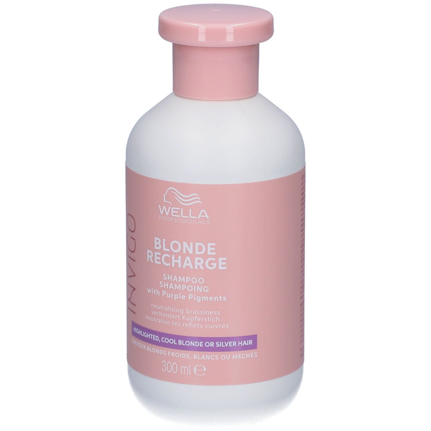 Weiße Flasche mit rosa Deckel. Aufschrift: Wella Invigo Blonde Recharge Shampoo. 300 ml.