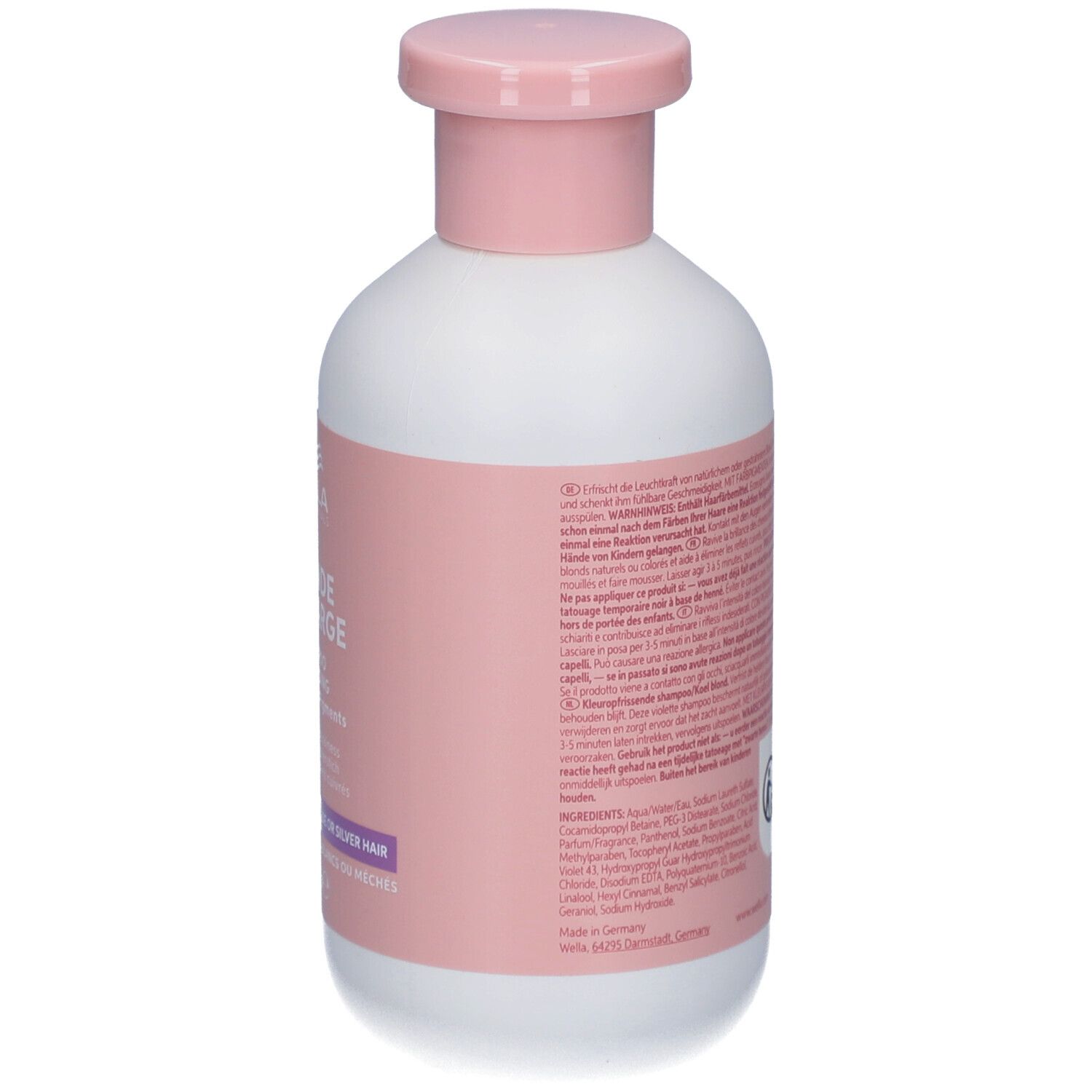 Rückseite der weißen Flasche mit rosa Deckel. Text. Wella Invigo Blonde Recharge Shampoo.