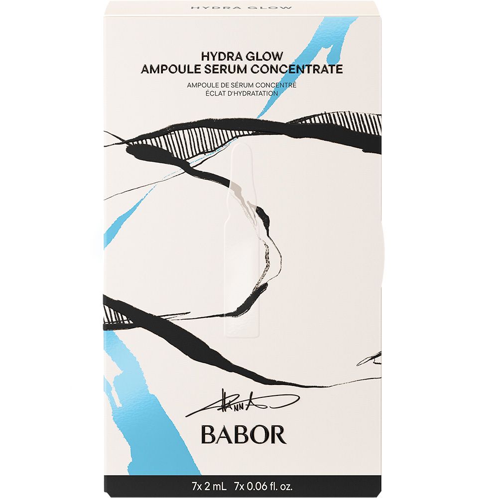 Productverpakking met ampullen. Tekst: Hydra Glow Ampoule Serum Concentrate, Babor. 7 ampullen zichtbaar.
