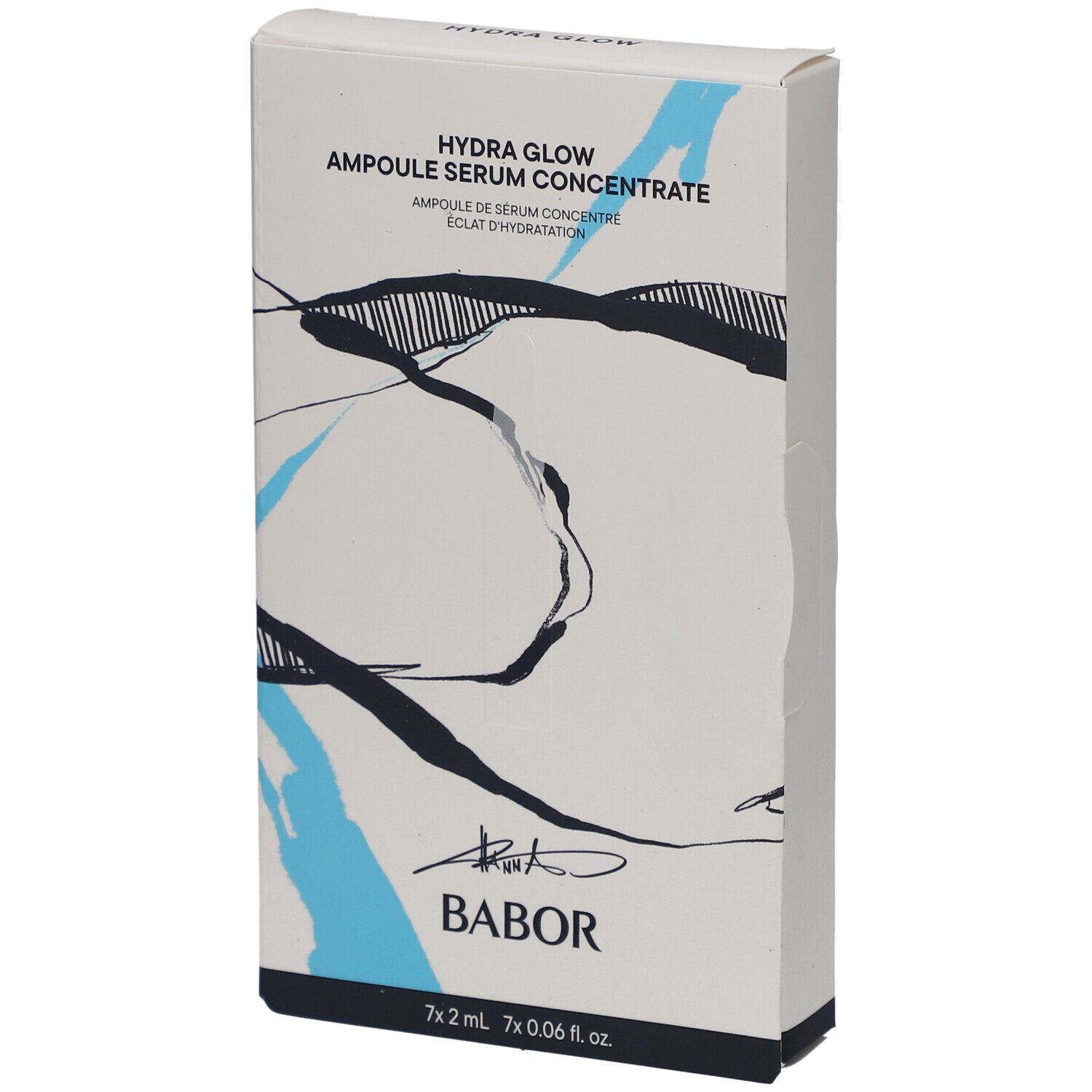 Doos met tekst: Hydra Glow Ampoule Serum Concentrate, Babor. Blauwe en zwarte designelementen. Verticale weergave.