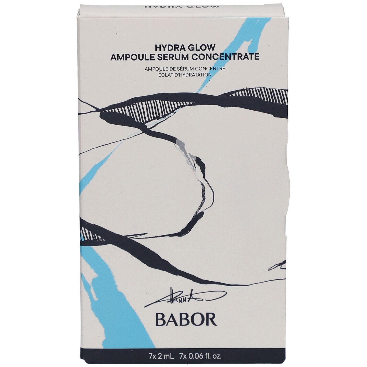 Productverpakking. Tekst: Hydra Glow Ampoule Serum Concentrate, Babor. Blauwe en zwarte designelementen. 7 ampullen.