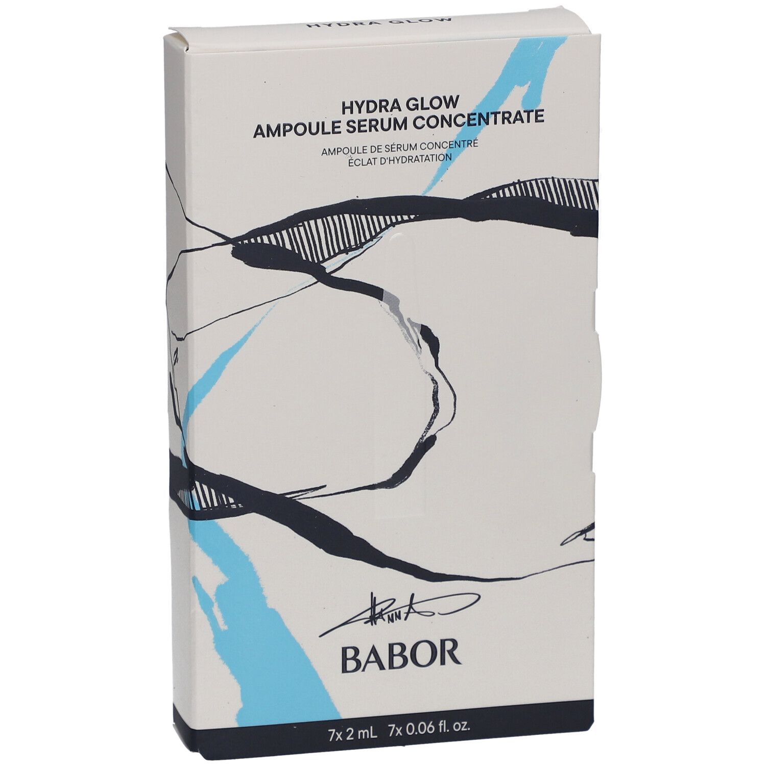 Productverpakking. Tekst: Hydra Glow Ampoule Serum Concentrate, Babor. Blauwe en zwarte designelementen. 7 ampullen.