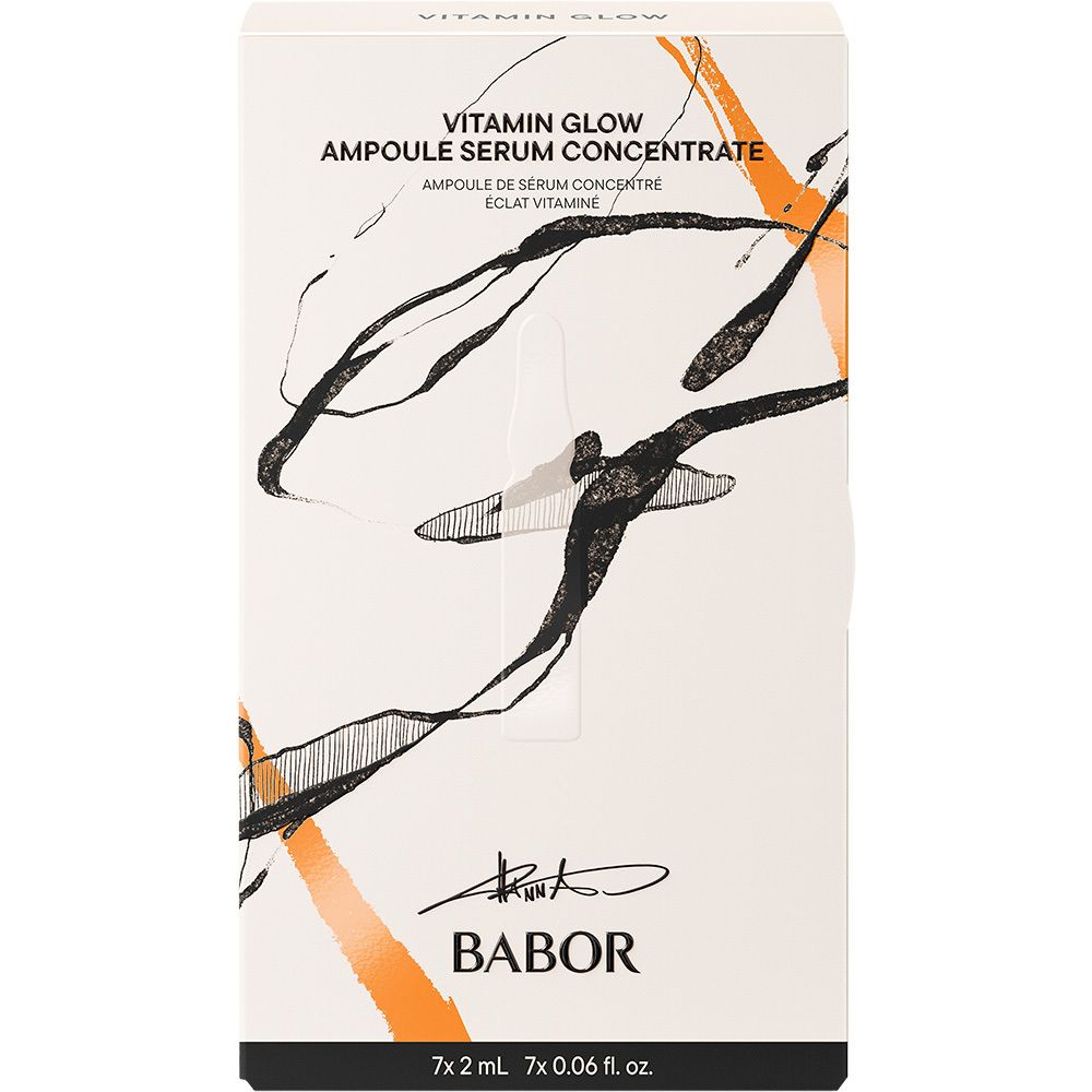 Babor Vitamin Glow Ampullen-Set. Vorderseite der Kartonverpackung mit Produktnamen und Design.