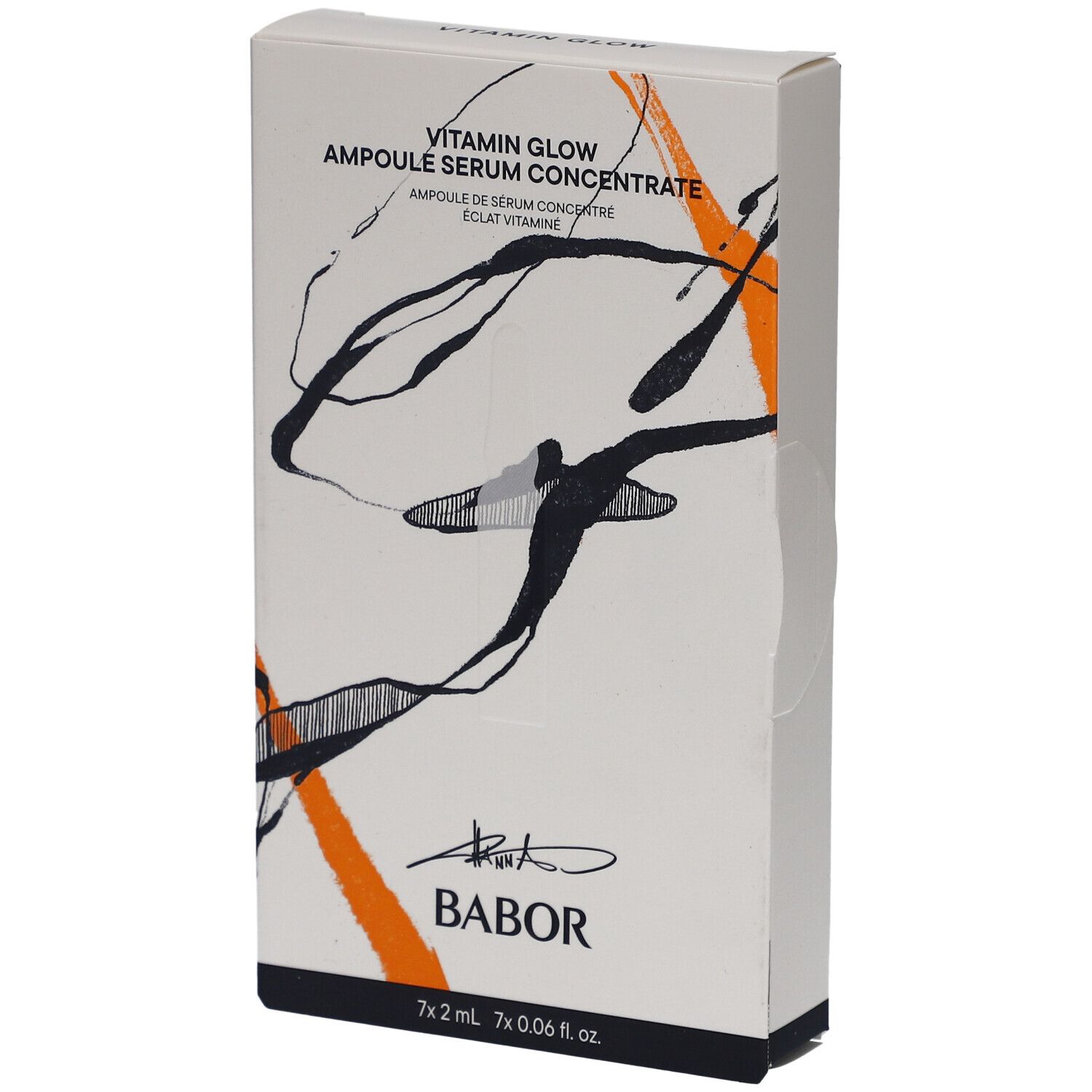 Karton mit Babor Vitamin Glow Ampulle Serum Concentrate. Weiß, mit orangefarbenen und schwarzen dekorativen Elementen. Marke Babor.