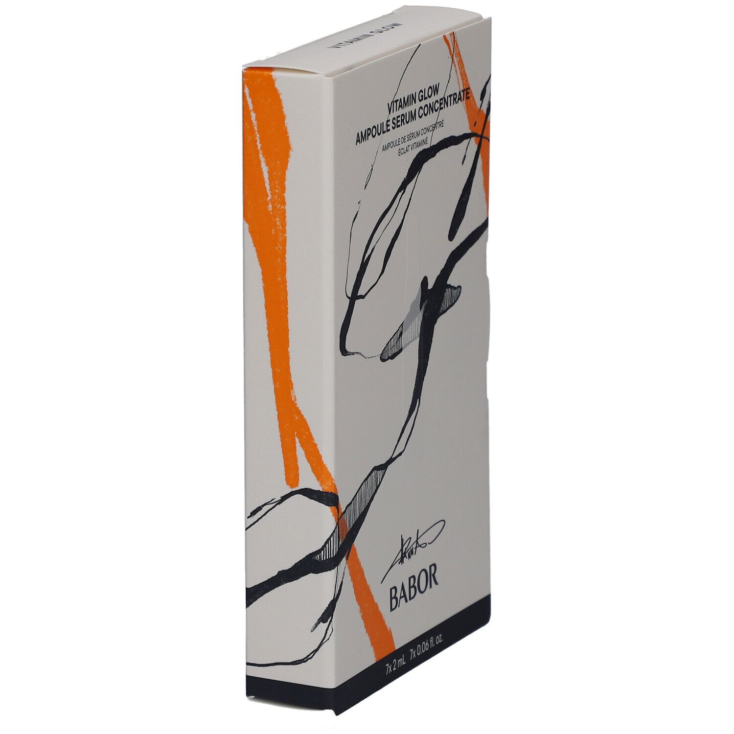 Karton mit Babor Vitamin Glow Ampulle Serum Concentrate. Weiß, mit orangefarbenen und schwarzen dekorativen Elementen. Marke Babor.
