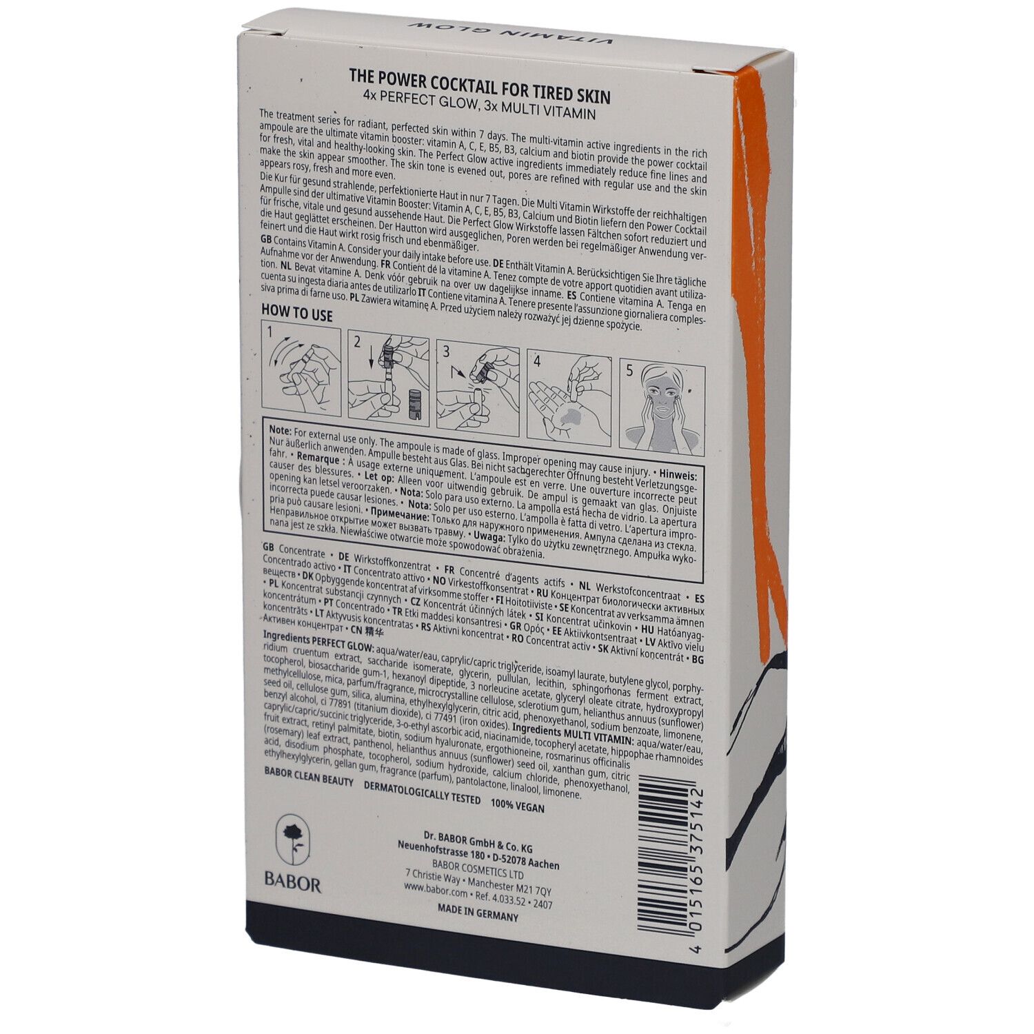 Rückseite der Verpackung des Babor Vitamin Glow Ampulle Serum Concentrate. Text, Illustrationen und Marke Babor.