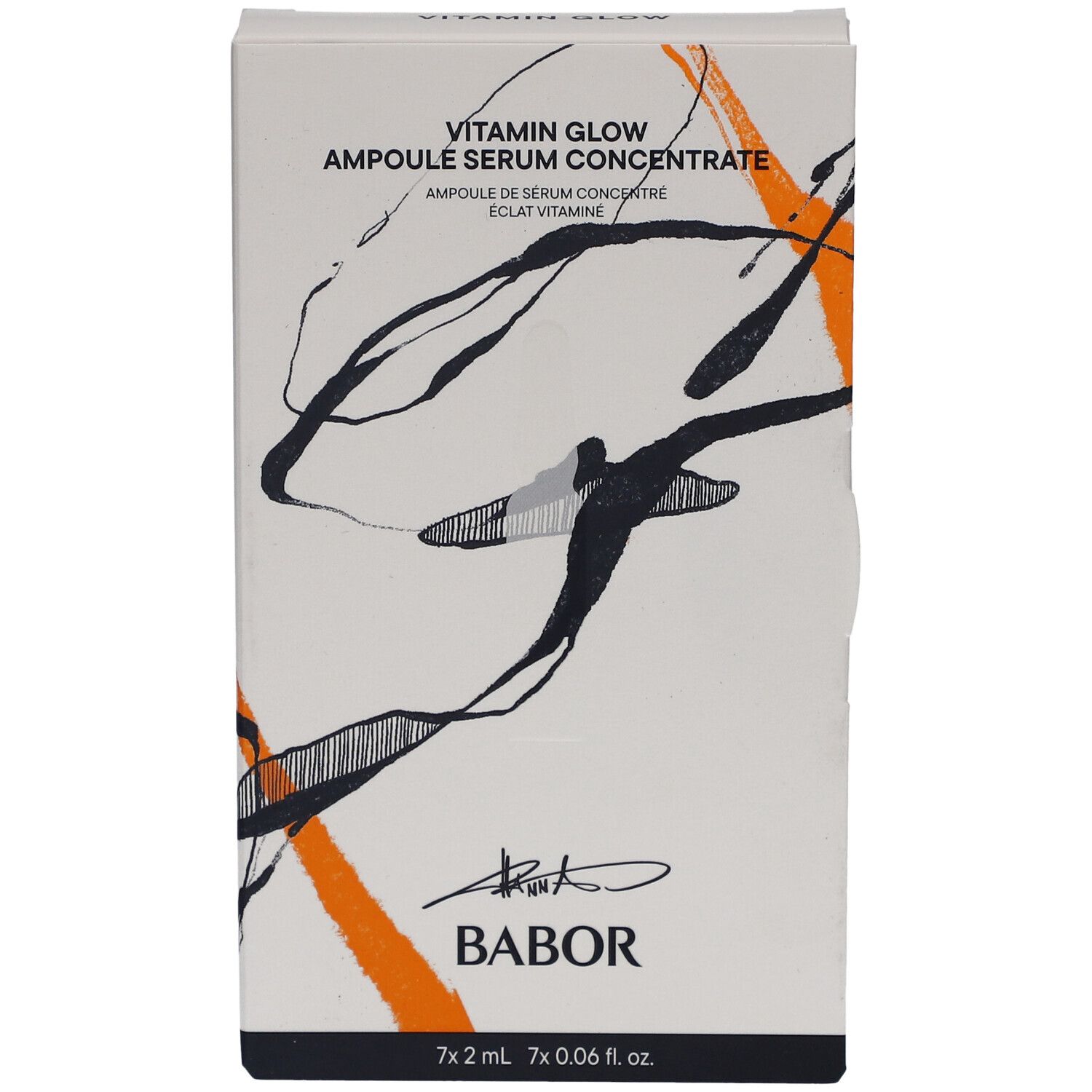 Karton mit Babor Vitamin Glow Ampulle Serum Concentrate. Weiß, mit orangefarbenen und schwarzen dekorativen Elementen. Marke Babor.