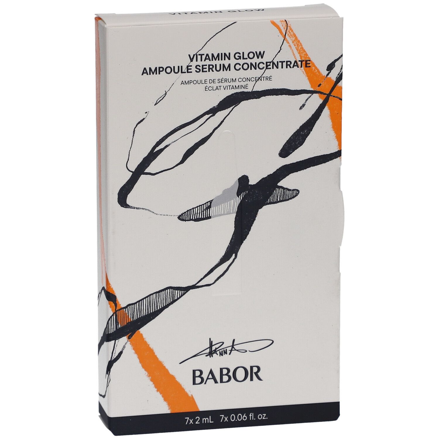 Karton mit Babor Vitamin Glow Ampulle Serum Concentrate. Weiß, mit orangefarbenen und schwarzen dekorativen Elementen. Marke Babor.