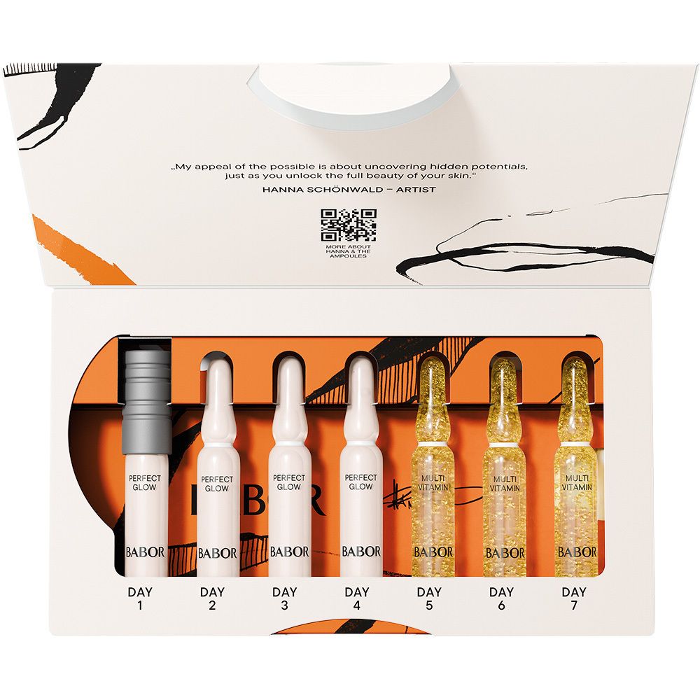Babor Vitamin Glow Ampullen-Set. Seitenansicht der Kartonverpackung mit Designelementen.