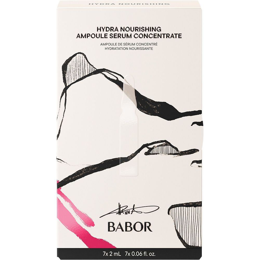Babor Hydra Nourishing Ampullen-Set: Faltschachtel mit künstlerischem Design und Produktinformationen.