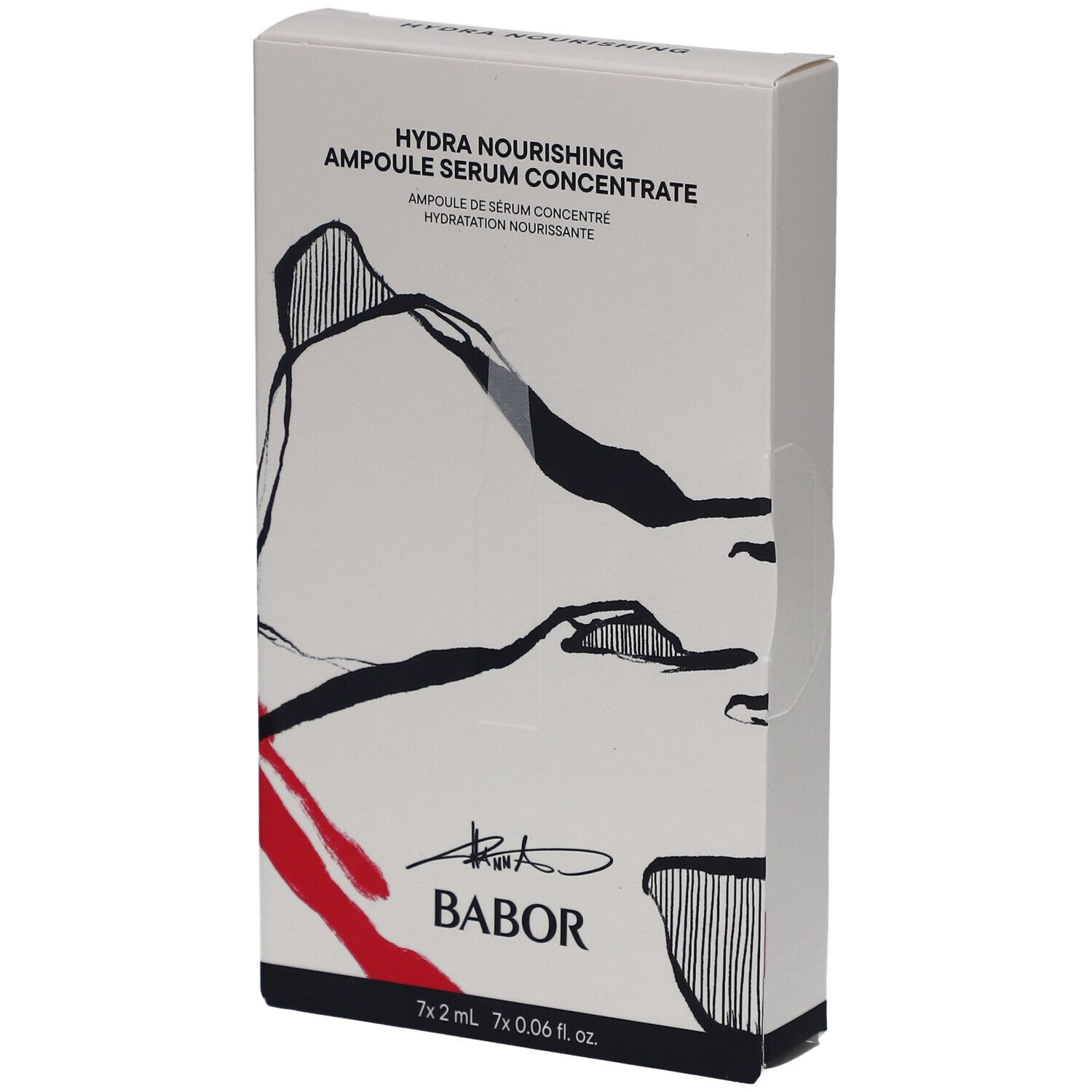 Weißer Karton mit Aufschrift "Hydra Nourishing Ampoule Serum Concentrate". Schwarze und rote Designelemente. Marke BABOR.