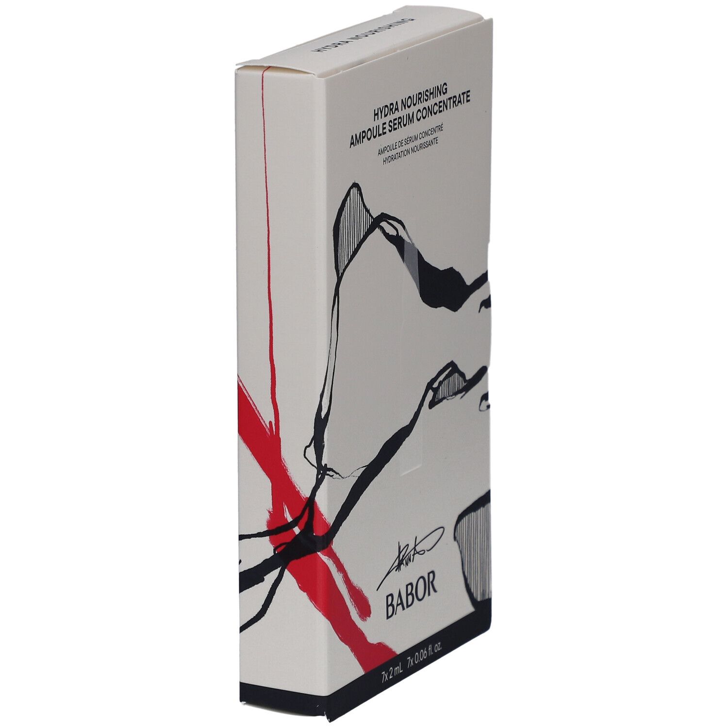 Weißer Karton mit Aufschrift "Hydra Nourishing Ampoule Serum Concentrate". Schwarze und rote Designelemente. Marke BABOR.