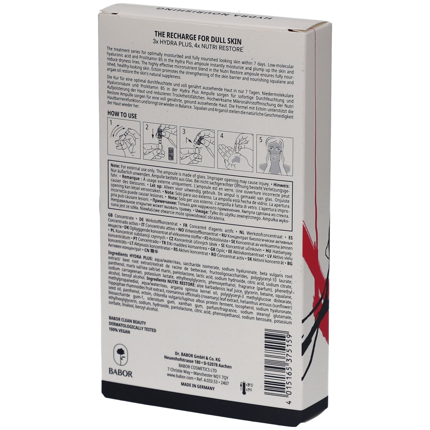 Rückseite des weißen Kartons mit Text. Enthält Informationen zu Inhaltsstoffen und Anwendung. Marke BABOR.