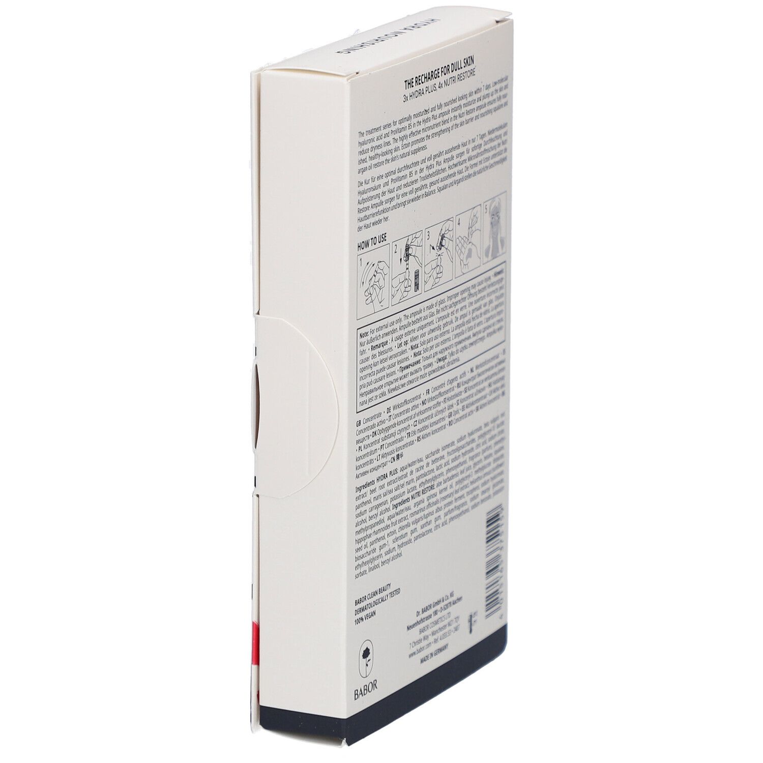 Seitenansicht des weißen Kartons mit Text. Enthält Informationen zu Inhaltsstoffen und Anwendung. Marke BABOR.