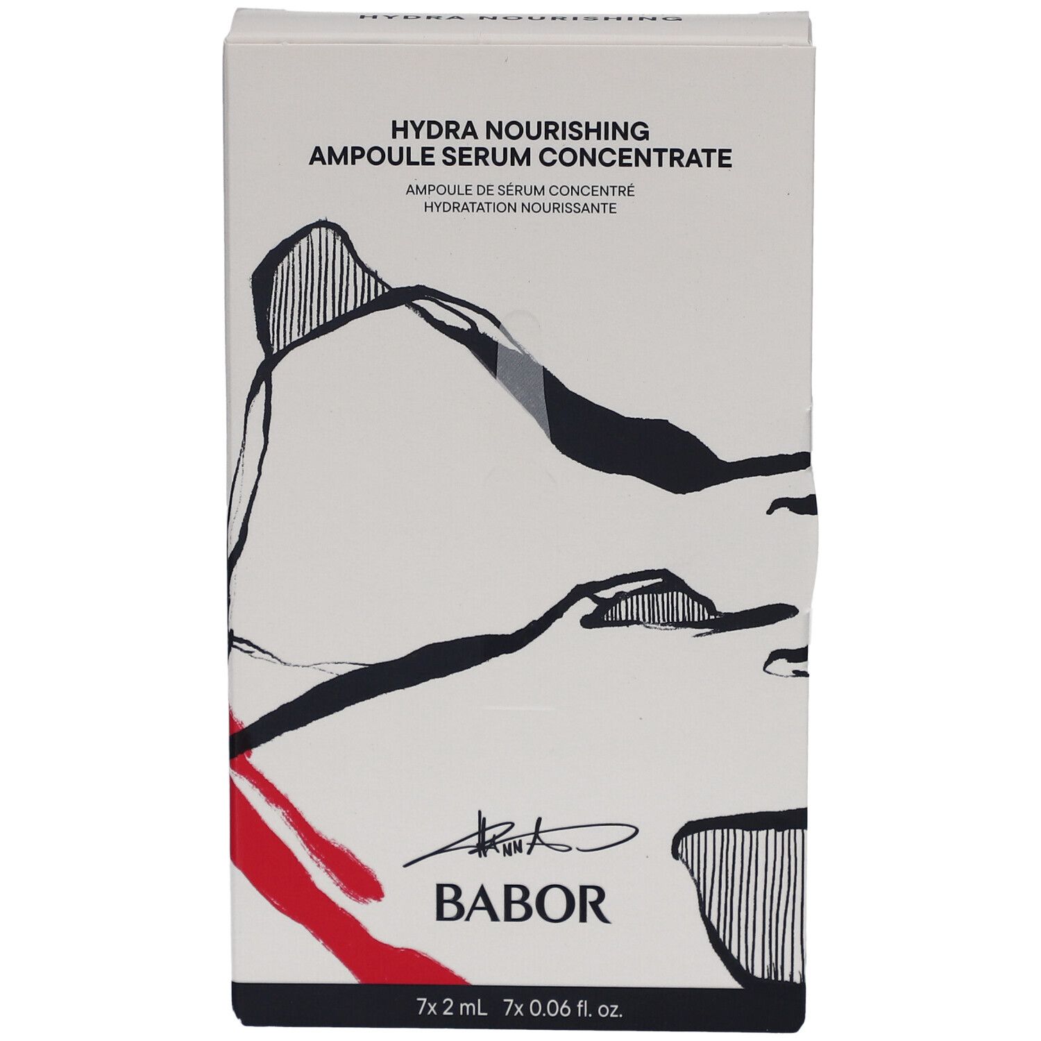 Weißer Karton mit Aufschrift "Hydra Nourishing Ampoule Serum Concentrate". Schwarze und rote Designelemente. Marke BABOR.