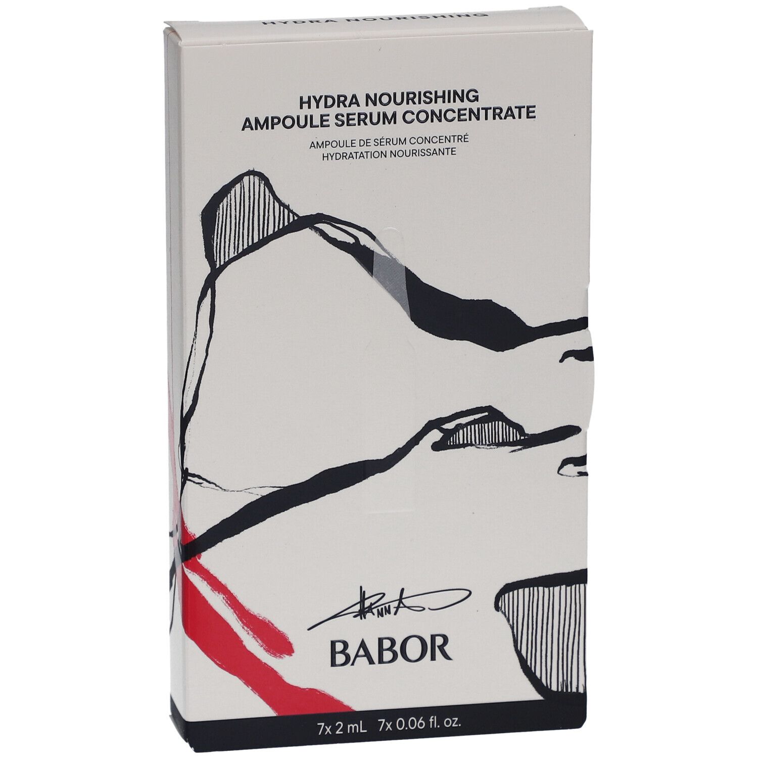 Weißer Karton mit Aufschrift "Hydra Nourishing Ampoule Serum Concentrate". Schwarze und rote Designelemente. Marke BABOR.