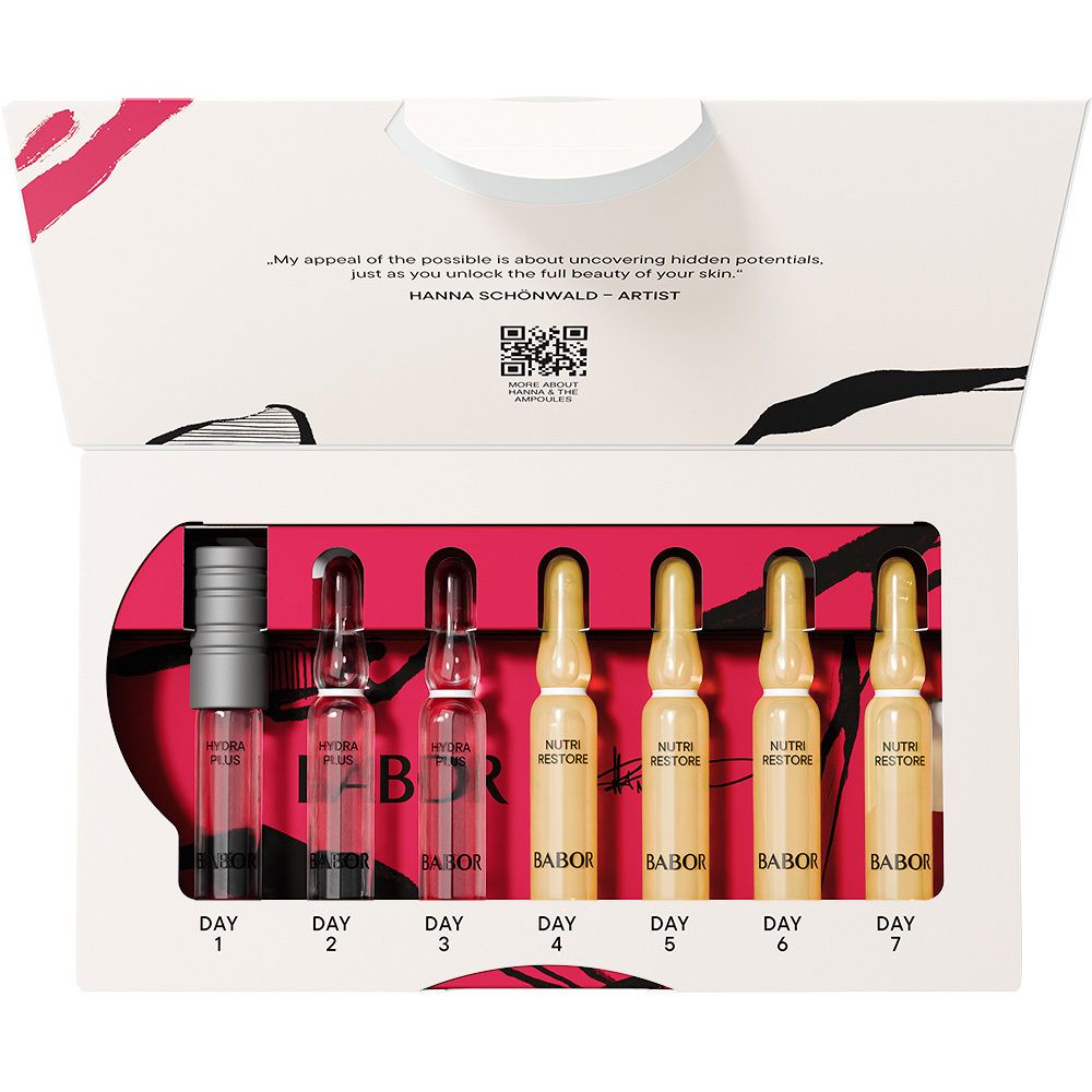 Babor Hydra Nourishing Ampullen-Set: Rückseite der Faltschachtel mit Anwendungshinweisen und Inhaltsstoffen.