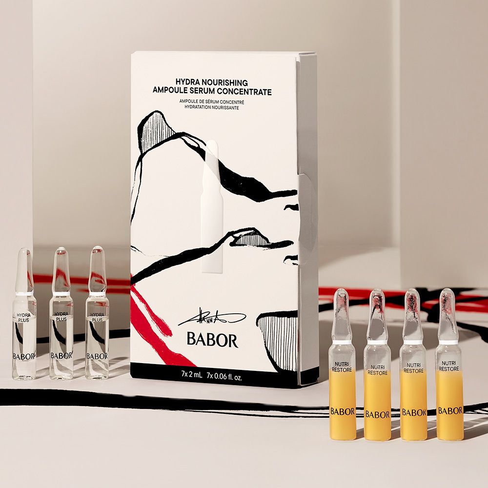 Babor Hydra Nourishing Ampullen-Set: Seitenansicht der Faltschachtel mit künstlerischem Design.