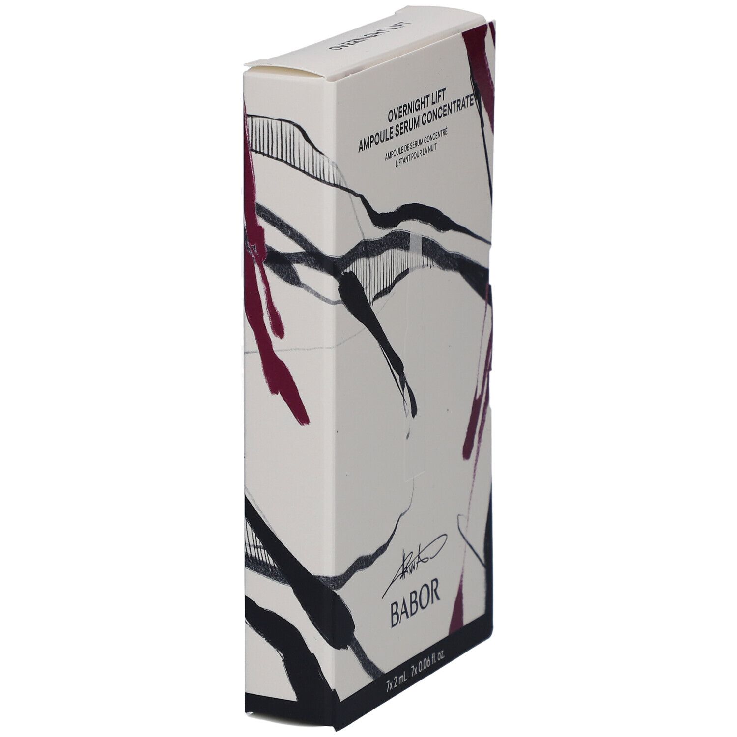 Schmale, rechteckige Verpackung. Aufschrift "Overnight Lift Ampoule Serum Concentrate". Marke Babor.