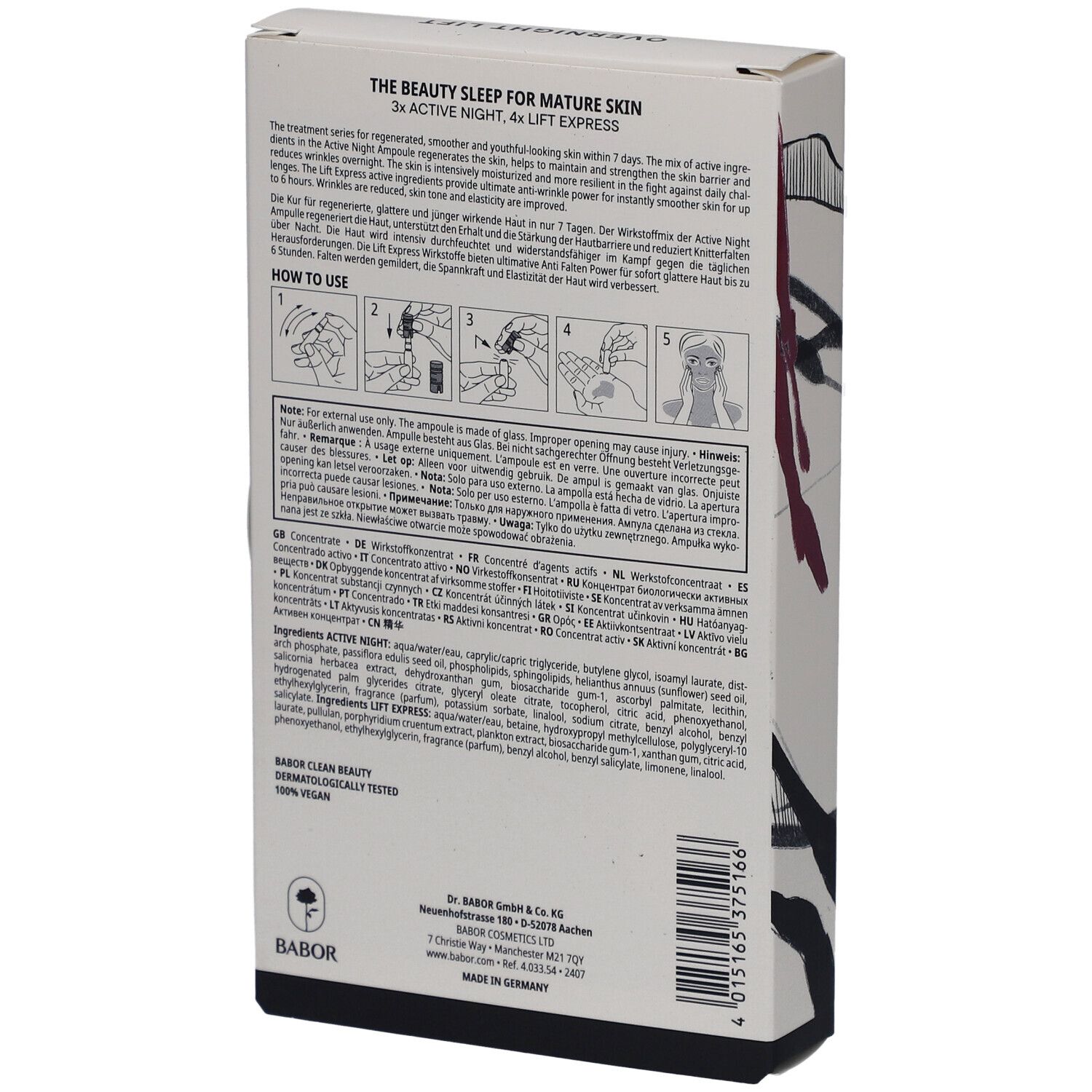 Rückseite der Verpackung. Text: "The Beauty Sleep for Mature Skin". Inhaltsstoffe und Anwendungshinweise.