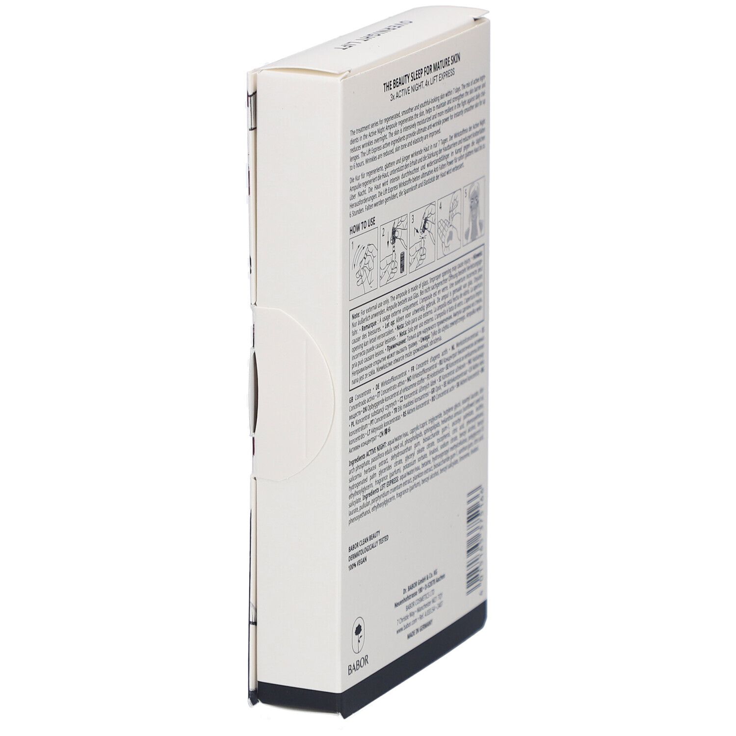 Schmale Verpackung. Text: "The Beauty Sleep for Mature Skin". Marke Babor. Vegan-Logo.