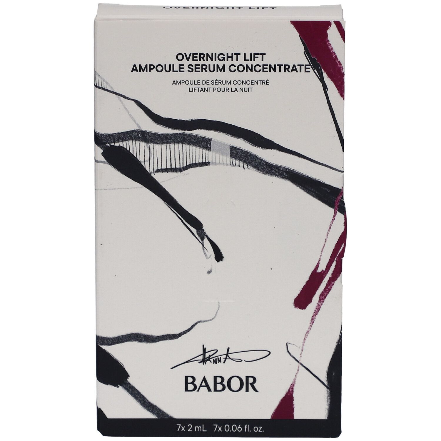 Karton mit Aufschrift "Overnight Lift Ampoule Serum Concentrate". Marke Babor. 7 Ampullen.