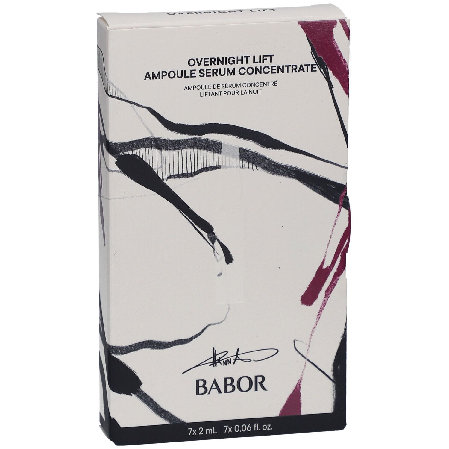 Karton mit Aufschrift "Overnight Lift Ampoule Serum Concentrate". Marke Babor. 7 Ampullen.