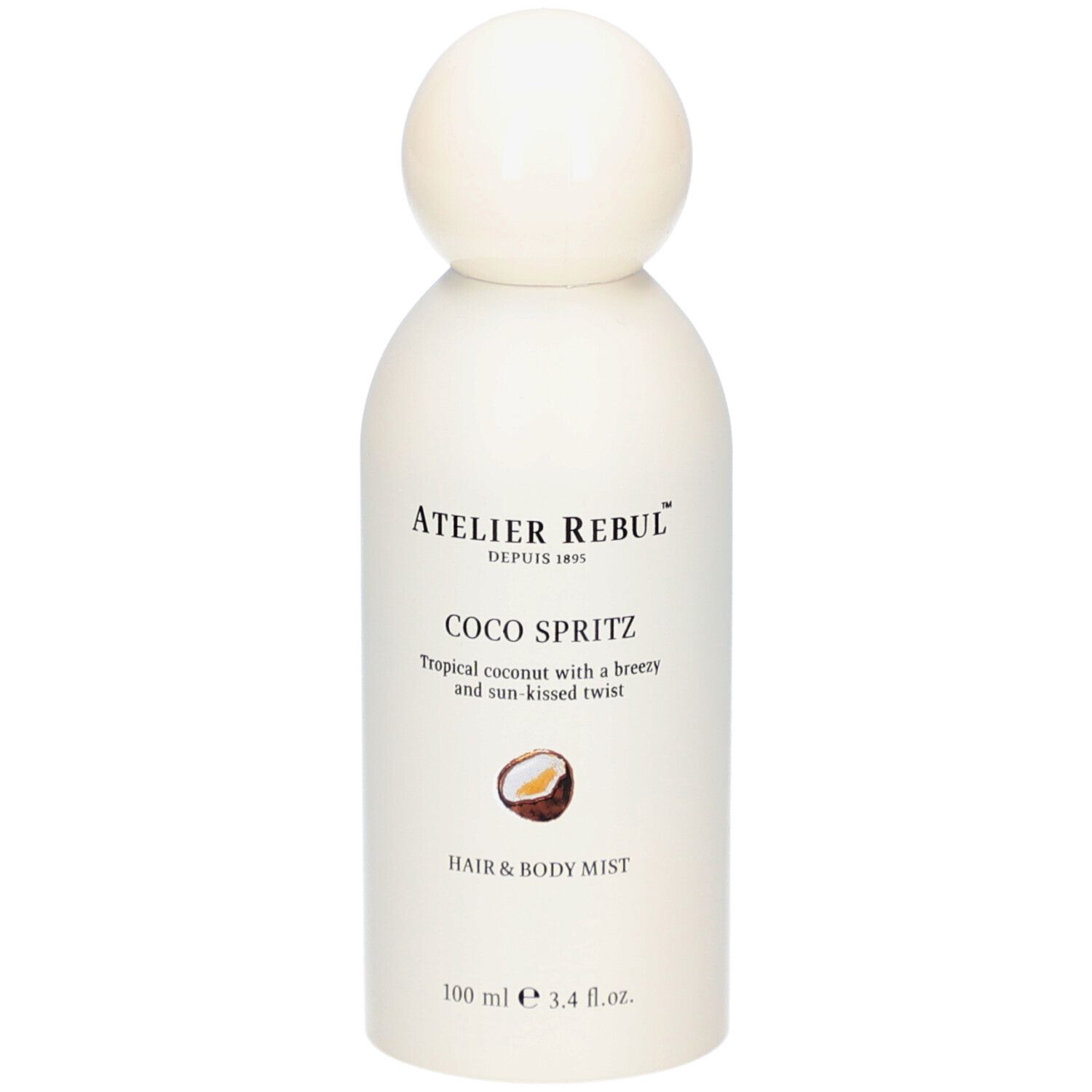 Weiße Flasche mit Kugelverschluss. Aufschrift: Atelier Rebul, Coco Spritz, Hair & Body Mist. Kokosnuss-Illustration.