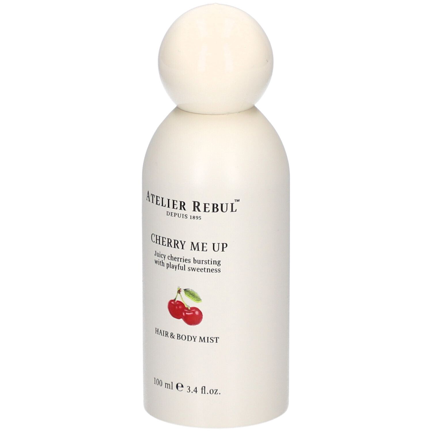 Weiße Flasche mit rundem Verschluss. Aufschrift: Atelier Rebul, Cherry Me Up, Hair & Body Mist. Kirsch-Illustration.