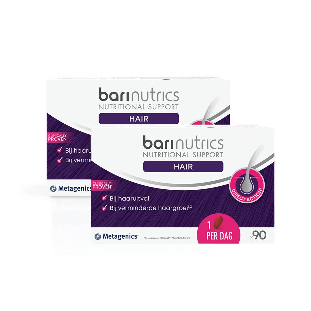Deux boîtes de Barinutrics Hair. Emballage blanc avec accents violets. Inscription: Nutritional Support Hair. 90 comprimés.