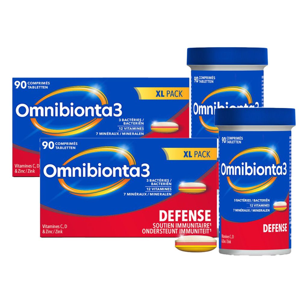 Meerdere dozen en flacons Omnibionta3 Defense. Blauwe verpakking met witte tekst. Bevat tabletten.
